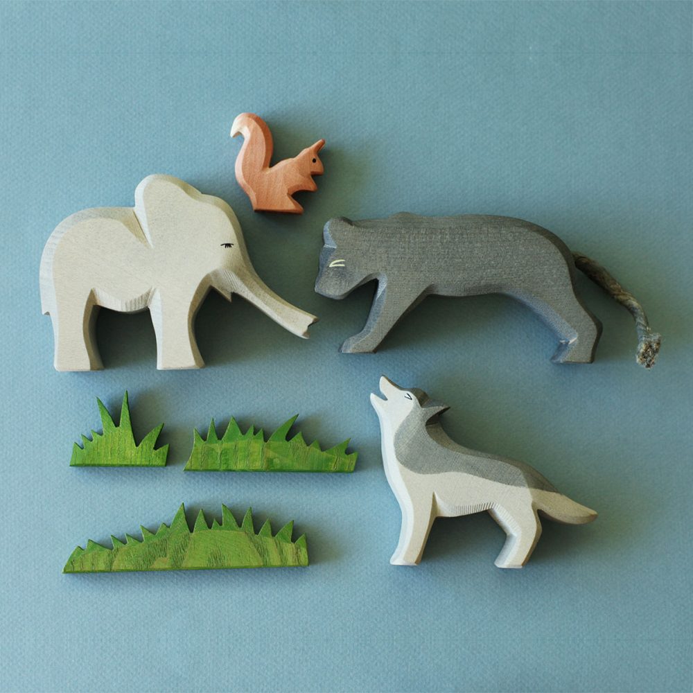 Wooden Toys - Elephant, Wolf, Panther, Squirrel, Grass