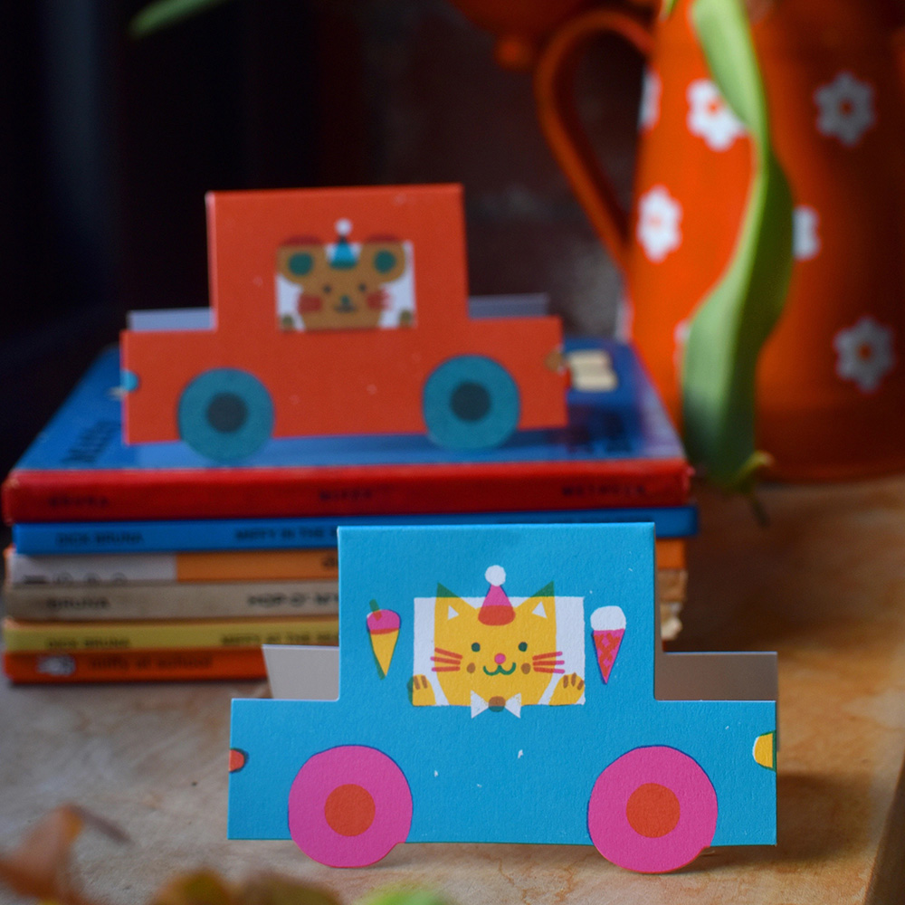 Party Cat Little Blue Car Die Cut Card