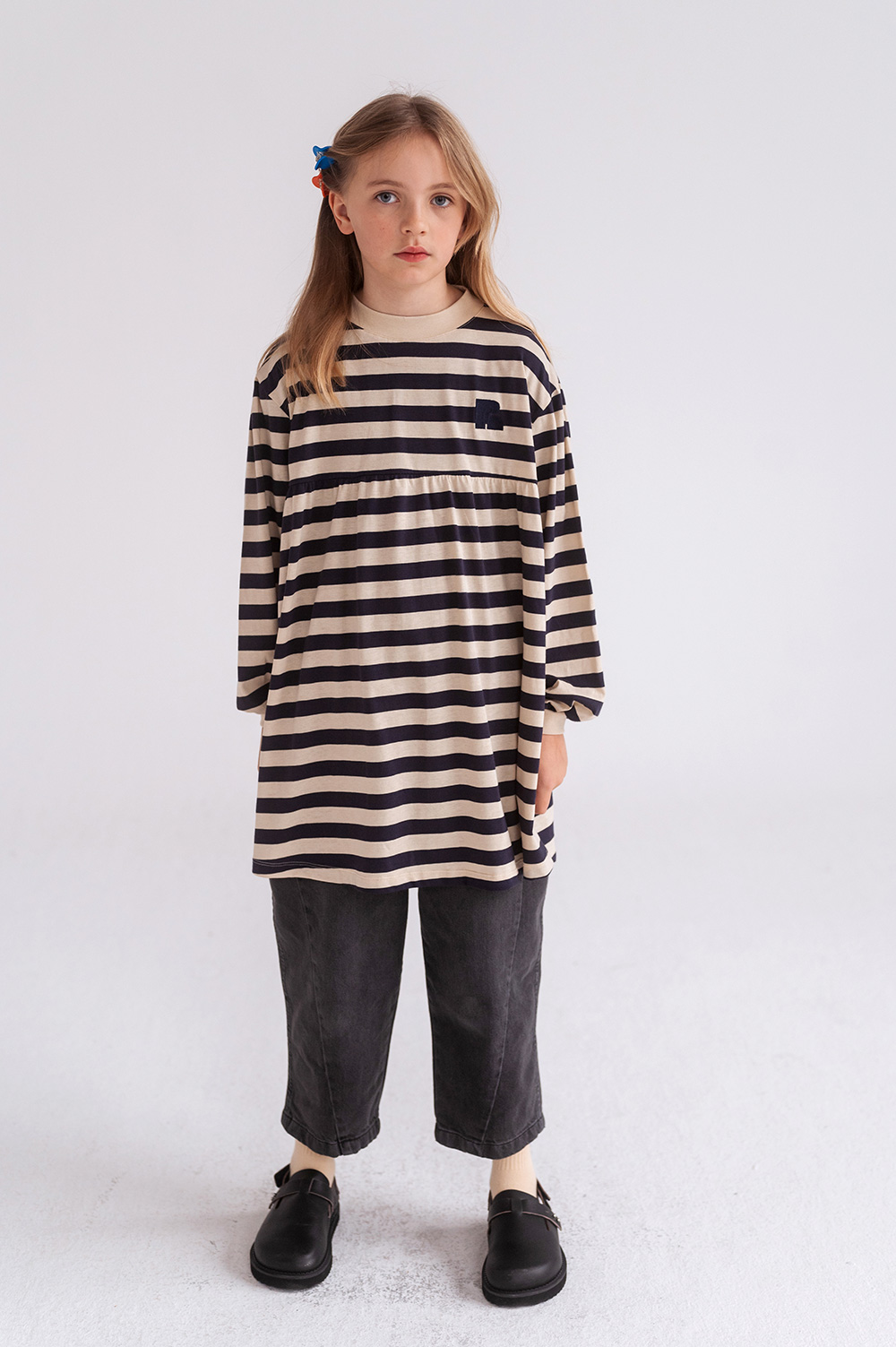 Fanned Out Dress - Dark Blue Fine Stripe