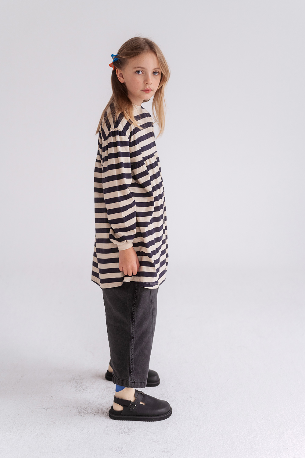 Fanned Out Dress - Dark Blue Fine Stripe