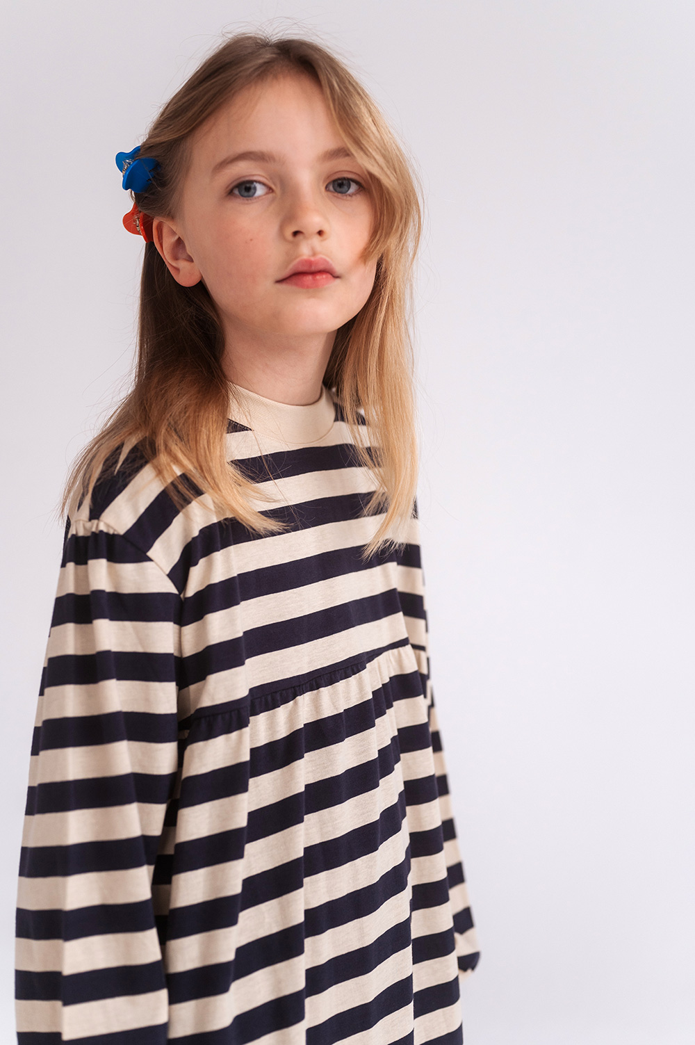 Fanned Out Dress - Dark Blue Fine Stripe