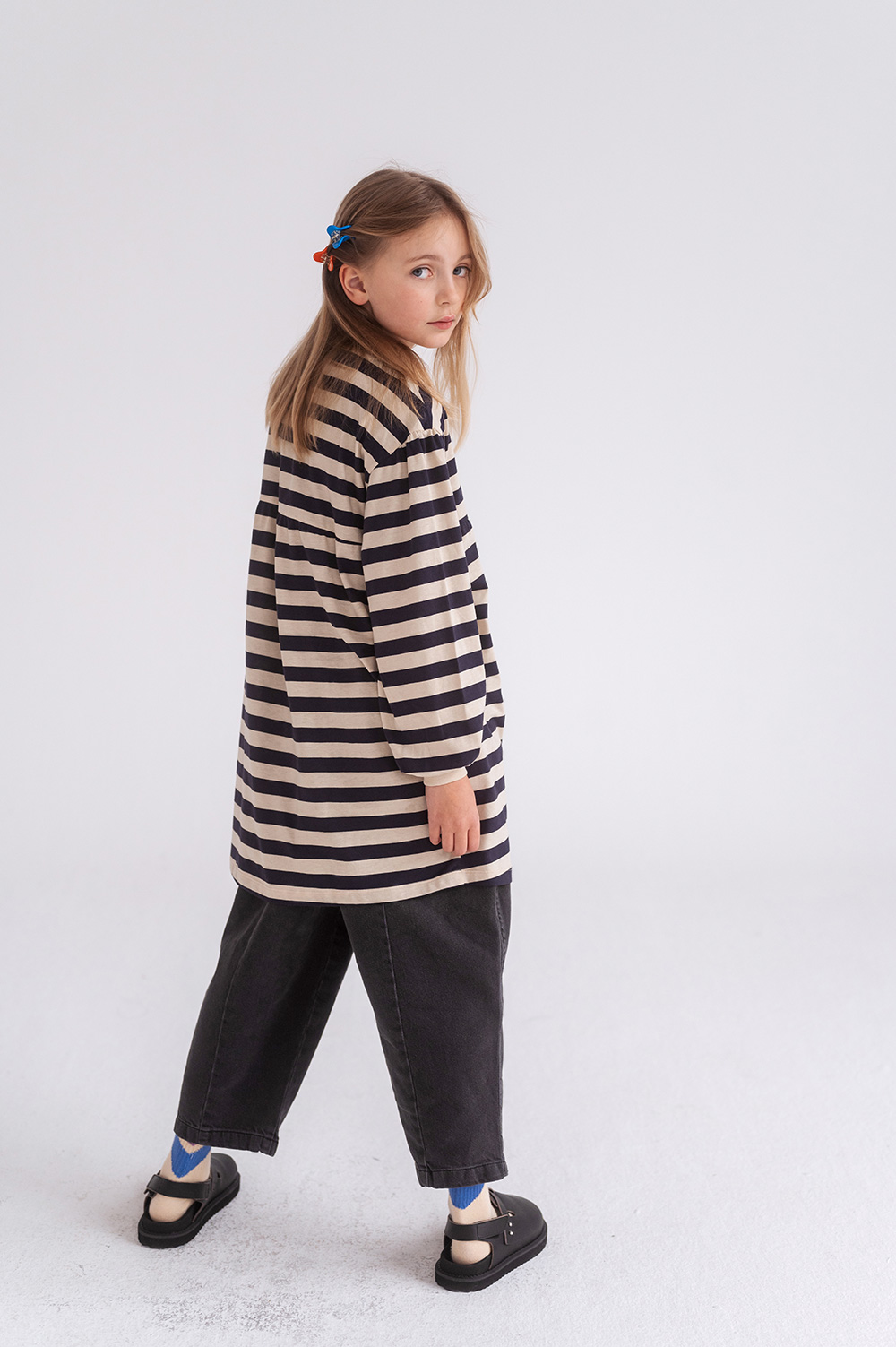 Fanned Out Dress - Dark Blue Fine Stripe