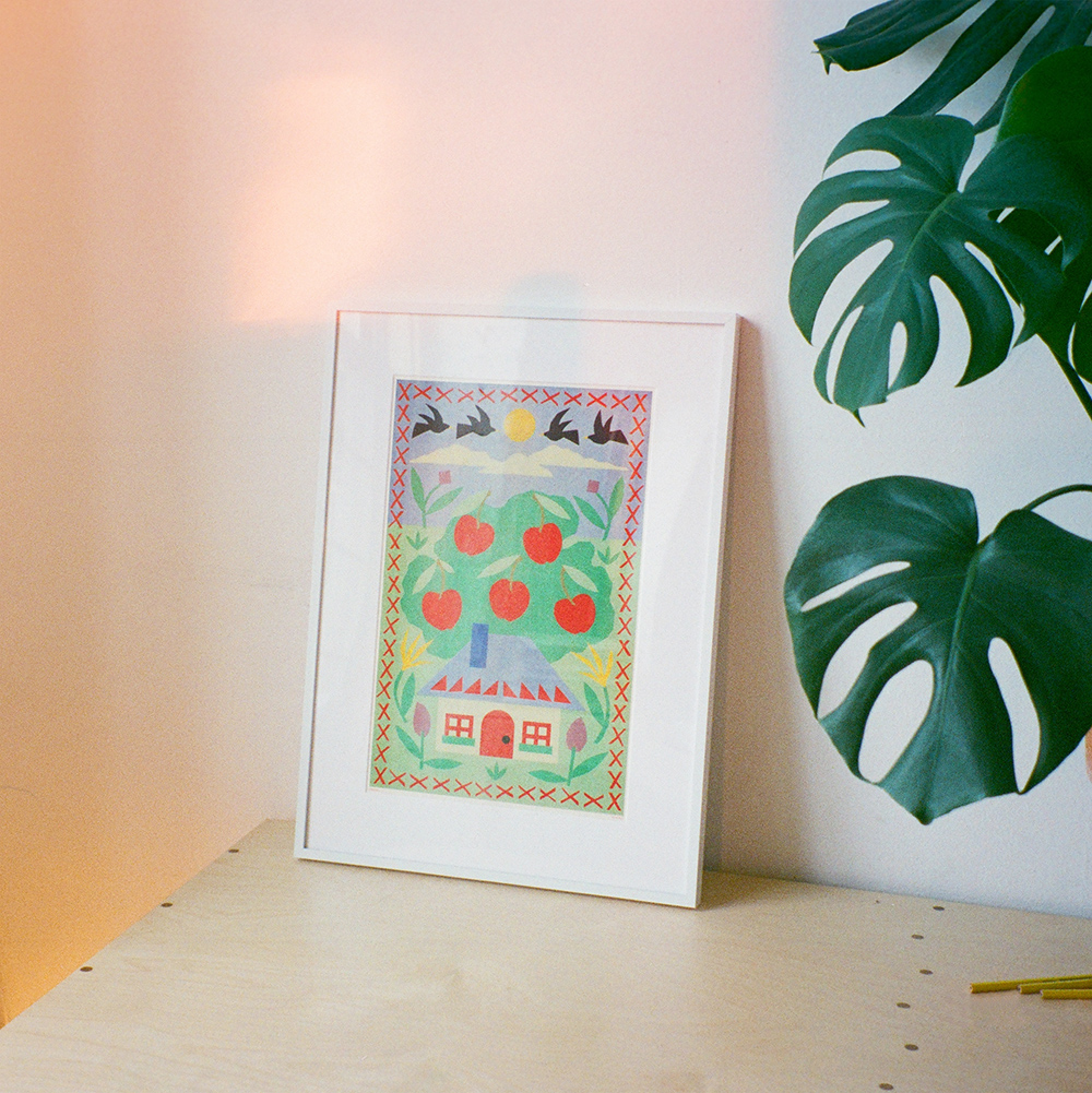 Framed Cottage Risograph Print