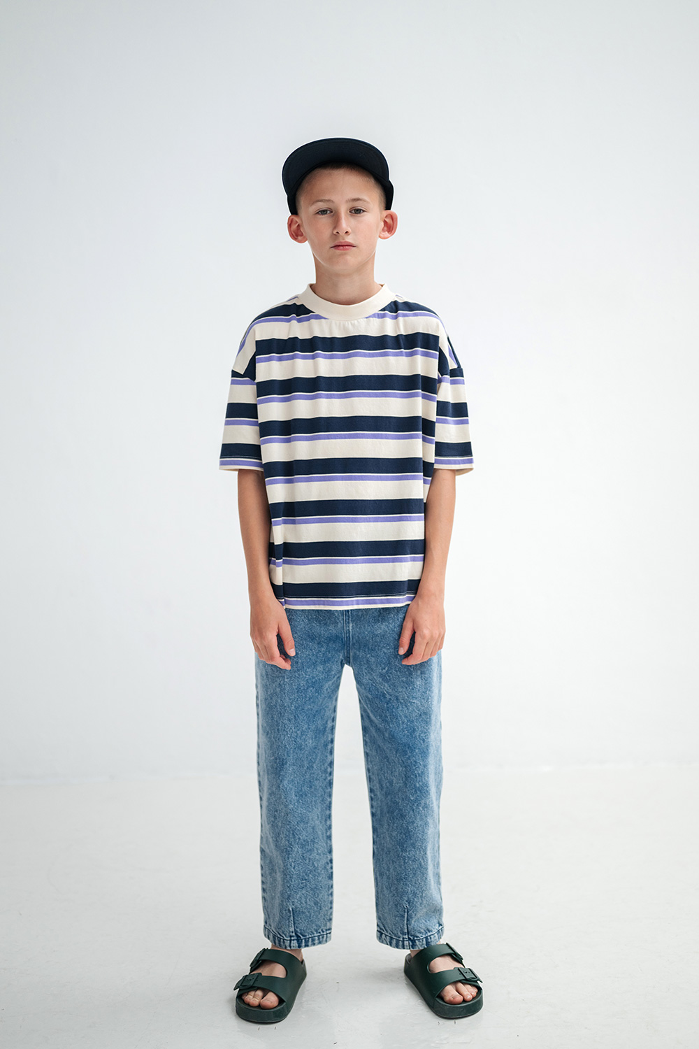 Boxy Tee - Cream Teal Glacier Stripe