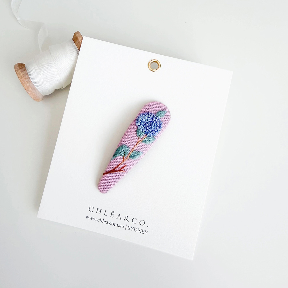 Purple Hydrangea Embroidered Teardrop Hair Clip
