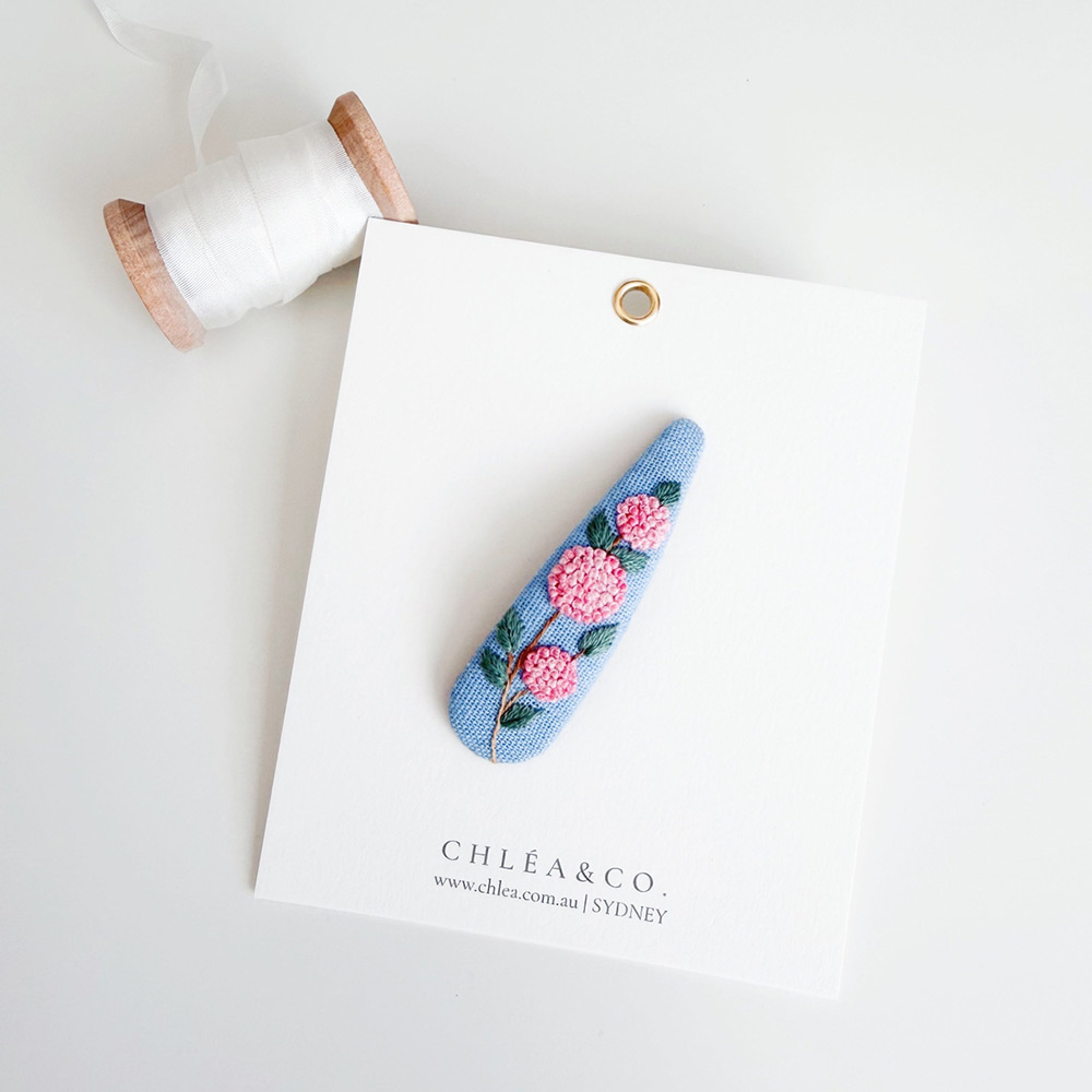 Pink Hydrangea Embroidered Teardrop Hair Clip