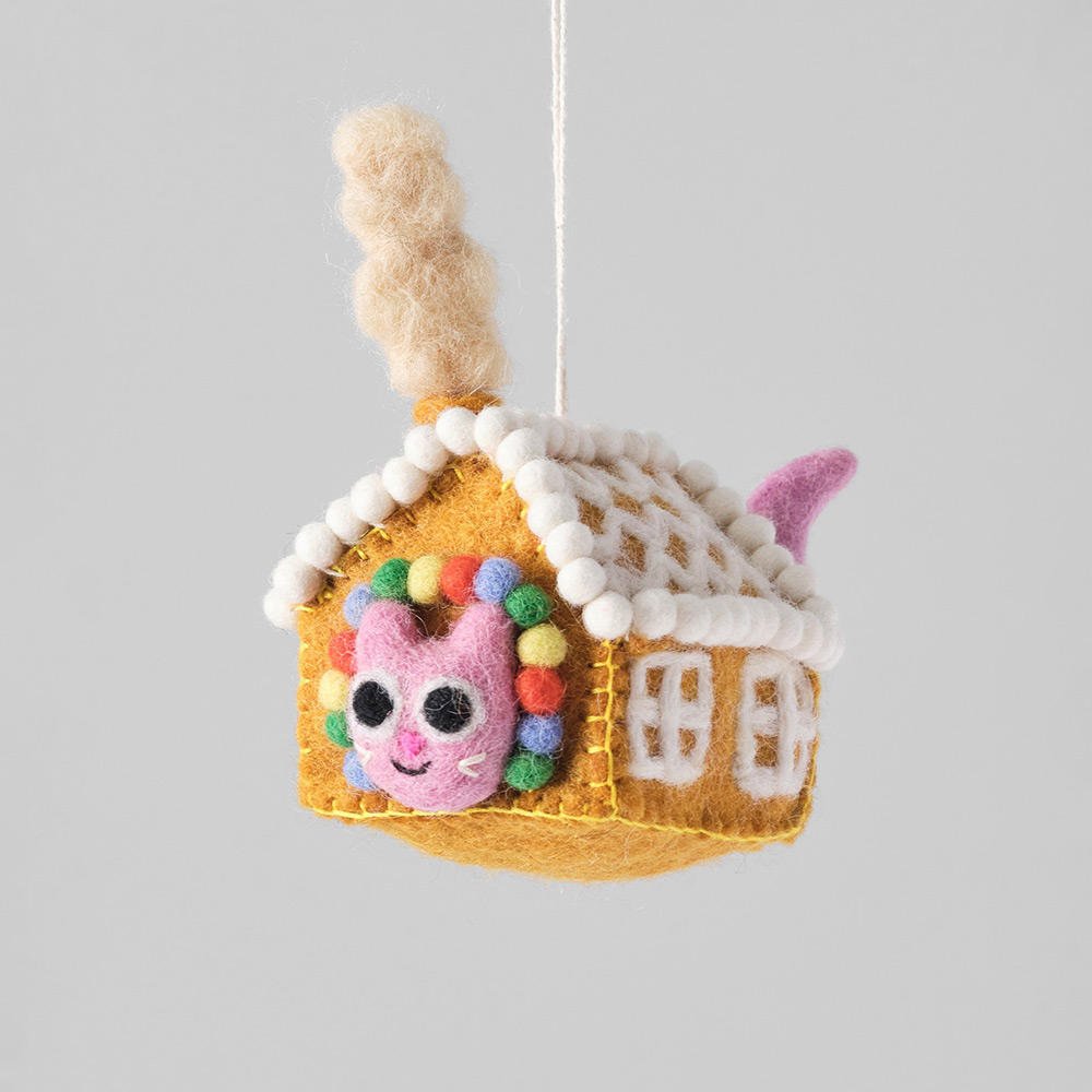 Hanging Felt Ornament -  Gretel, Cat in Gingerbread House